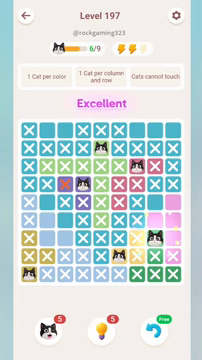 Meowdoku Level 197 step 6 screenshot showing the cat placement at H7 with 6 of 9 cats visible on the board.