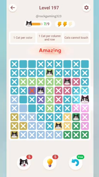 Meowdoku Level 197 step 7 screenshot showing the cat placement at I5 with 7 of 9 cats visible on the board.