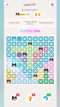 Meowdoku Level 197 step 8 screenshot showing the cat placement at B6 with 8 of 9 cats visible on the board.