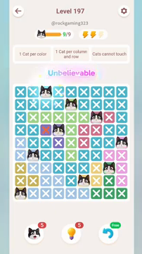 Meowdoku Level 197 step 9 screenshot showing the cat placement at C1 with 9 of 9 cats visible on the board.