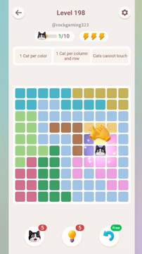 Meowdoku Level 198 step 1 screenshot showing the cat placement at H6 with 1 of 10 cats visible on the board.