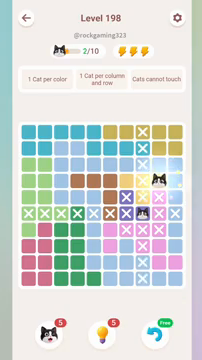 Meowdoku Level 198 step 2 screenshot showing the cat placement at I4 with 2 of 10 cats visible on the board.