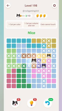 Meowdoku Level 198 step 3 screenshot showing the cat placement at F5 with 3 of 10 cats visible on the board.
