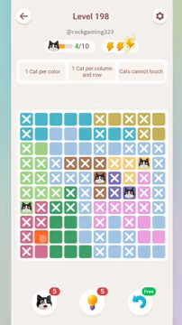 Meowdoku Level 198 step 4 screenshot showing the cat placement at A7 with 4 of 10 cats visible on the board.