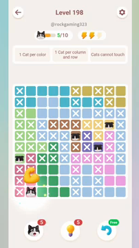 Meowdoku Level 198 step 5 screenshot showing the cat placement at B10 with 5 of 10 cats visible on the board.