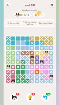 Meowdoku Level 198 step 6 screenshot showing the cat placement at J9 with 6 of 10 cats visible on the board.