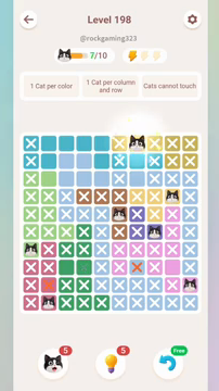 Meowdoku Level 198 step 7 screenshot showing the cat placement at G1 with 7 of 10 cats visible on the board.
