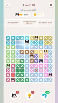 Meowdoku Level 198 step 8 screenshot showing the cat placement at E2 with 8 of 10 cats visible on the board.