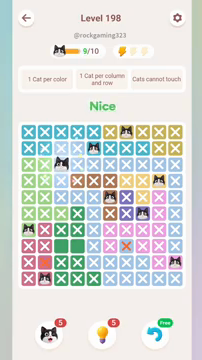 Meowdoku Level 198 step 9 screenshot showing the cat placement at C3 with 9 of 10 cats visible on the board.