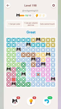 Meowdoku Level 198 step 10 screenshot showing the cat placement at D8 with 10 of 10 cats visible on the board.