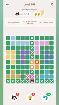 Meowdoku Level 199 step 1 screenshot showing the cat placement at F10 with 1 of 10 cats visible on the board.