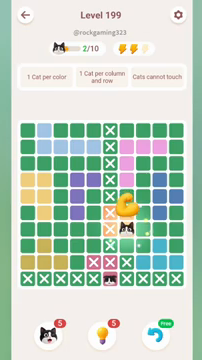 Meowdoku Level 199 step 2 screenshot showing the cat placement at G7 with 2 of 10 cats visible on the board.