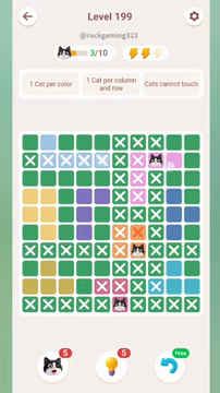 Meowdoku Level 199 step 3 screenshot showing the cat placement at H2 with 3 of 10 cats visible on the board.