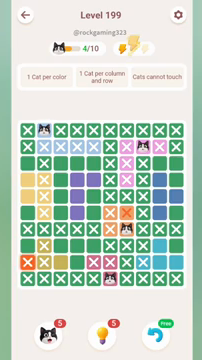 Meowdoku Level 199 step 4 screenshot showing the cat placement at B1 with 4 of 10 cats visible on the board.