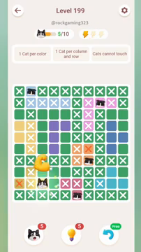 Meowdoku Level 199 step 5 screenshot showing the cat placement at C9 with 5 of 10 cats visible on the board.