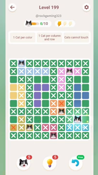 Meowdoku Level 199 step 6 screenshot showing the cat placement at I8 with 6 of 10 cats visible on the board.