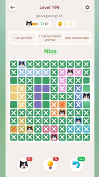 Meowdoku Level 199 step 7 screenshot showing the cat placement at J5 with 7 of 10 cats visible on the board.