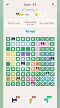 Meowdoku Level 199 step 8 screenshot showing the cat placement at D6 with 8 of 10 cats visible on the board.