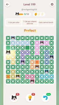 Meowdoku Level 199 step 9 screenshot showing the cat placement at A4 with 9 of 10 cats visible on the board.