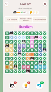 Meowdoku Level 199 step 10 screenshot showing the cat placement at E3 with 10 of 10 cats visible on the board.