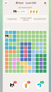 Meowdoku Level 200 step 1 screenshot showing the cat placement at A2 with 1 of 11 cats visible on the board.