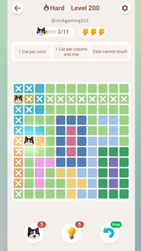 Meowdoku Level 200 step 2 screenshot showing the cat placement at B6 with 2 of 11 cats visible on the board.