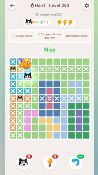 Meowdoku Level 200 step 3 screenshot showing the cat placement at C3 with 3 of 11 cats visible on the board.