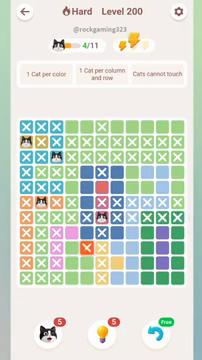 Meowdoku Level 200 step 4 screenshot showing the cat placement at F7 with 4 of 11 cats visible on the board.