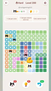 Meowdoku Level 200 step 5 screenshot showing the cat placement at G10 with 5 of 11 cats visible on the board.