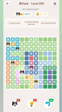 Meowdoku Level 200 step 6 screenshot showing the cat placement at D8 with 6 of 11 cats visible on the board.