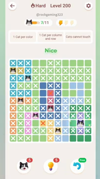 Meowdoku Level 200 step 7 screenshot showing the cat placement at J9 with 7 of 11 cats visible on the board.