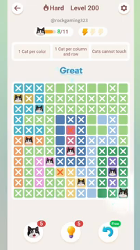 Meowdoku Level 200 step 8 screenshot showing the cat placement at K11 with 8 of 11 cats visible on the board.