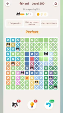 Meowdoku Level 200 step 9 screenshot showing the cat placement at I4 with 9 of 11 cats visible on the board.