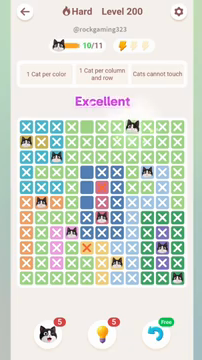 Meowdoku Level 200 step 10 screenshot showing the cat placement at H1 with 10 of 11 cats visible on the board.