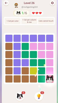 Meowdoku Level 26 step 1 screenshot showing the cat placement at F6 with 1 of 6 cats visible on the board.