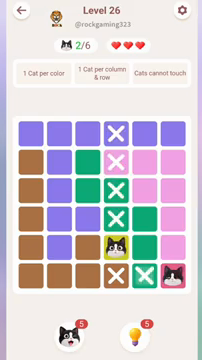 Meowdoku Level 26 step 2 screenshot showing the cat placement at D5 with 2 of 6 cats visible on the board.