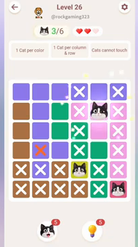 Meowdoku Level 26 step 3 screenshot showing the cat placement at E2 with 3 of 6 cats visible on the board.