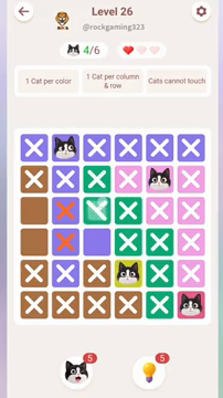 Meowdoku Level 26 step 4 screenshot showing the cat placement at B1 with 4 of 6 cats visible on the board.
