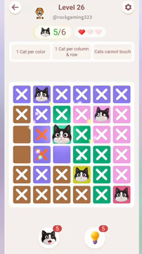 Meowdoku Level 26 step 5 screenshot showing the cat placement at C3 with 5 of 6 cats visible on the board.