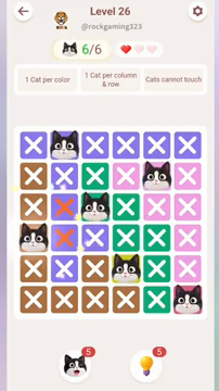 Meowdoku Level 26 step 6 screenshot showing the cat placement at A4 with 6 of 6 cats visible on the board.