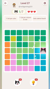 Meowdoku Level 27 step 1 screenshot showing the cat placement at G4 with 1 of 7 cats visible on the board.