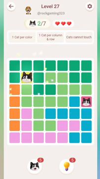 Meowdoku Level 27 step 2 screenshot showing the cat placement at B2 with 2 of 7 cats visible on the board.