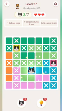 Meowdoku Level 27 step 3 screenshot showing the cat placement at D5 with 3 of 7 cats visible on the board.