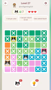 Meowdoku Level 27 step 4 screenshot showing the cat placement at A6 with 4 of 7 cats visible on the board.