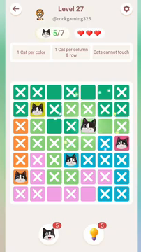 Meowdoku Level 27 step 5 screenshot showing the cat placement at E3 with 5 of 7 cats visible on the board.