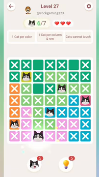 Meowdoku Level 27 step 6 screenshot showing the cat placement at C7 with 6 of 7 cats visible on the board.