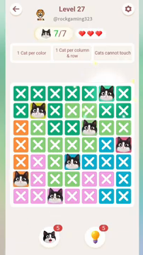 Meowdoku Level 27 step 7 screenshot showing the cat placement at F1 with 7 of 7 cats visible on the board.