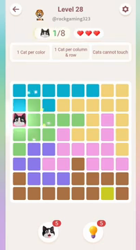 Meowdoku Level 28 step 1 screenshot showing the cat placement at A3 with 1 of 8 cats visible on the board.