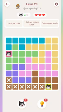 Meowdoku Level 28 step 2 screenshot showing the cat placement at G8 with 2 of 8 cats visible on the board.