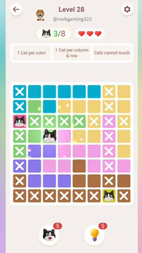 Meowdoku Level 28 step 3 screenshot showing the cat placement at C4 with 3 of 8 cats visible on the board.